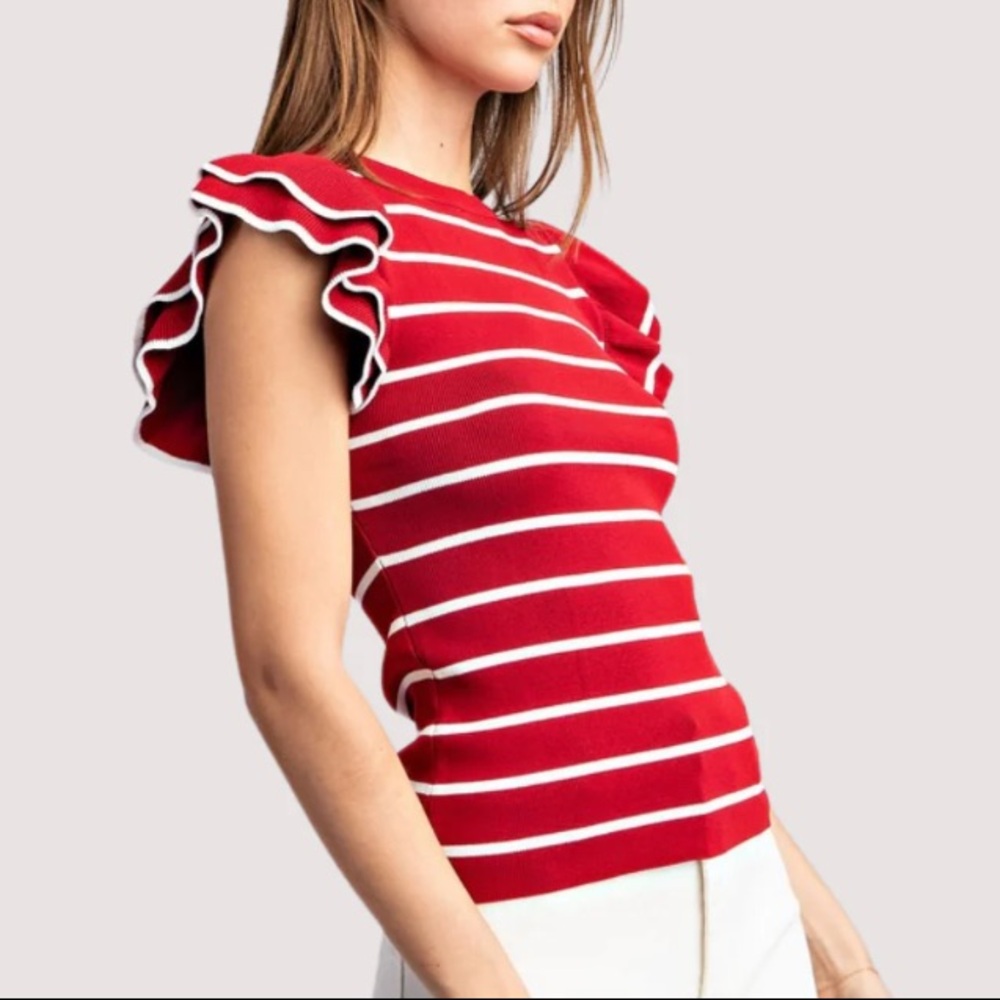 Eesome NWT Red White Striped Ruffled Cap Sleeve Knit Sweater Top Large Gameday